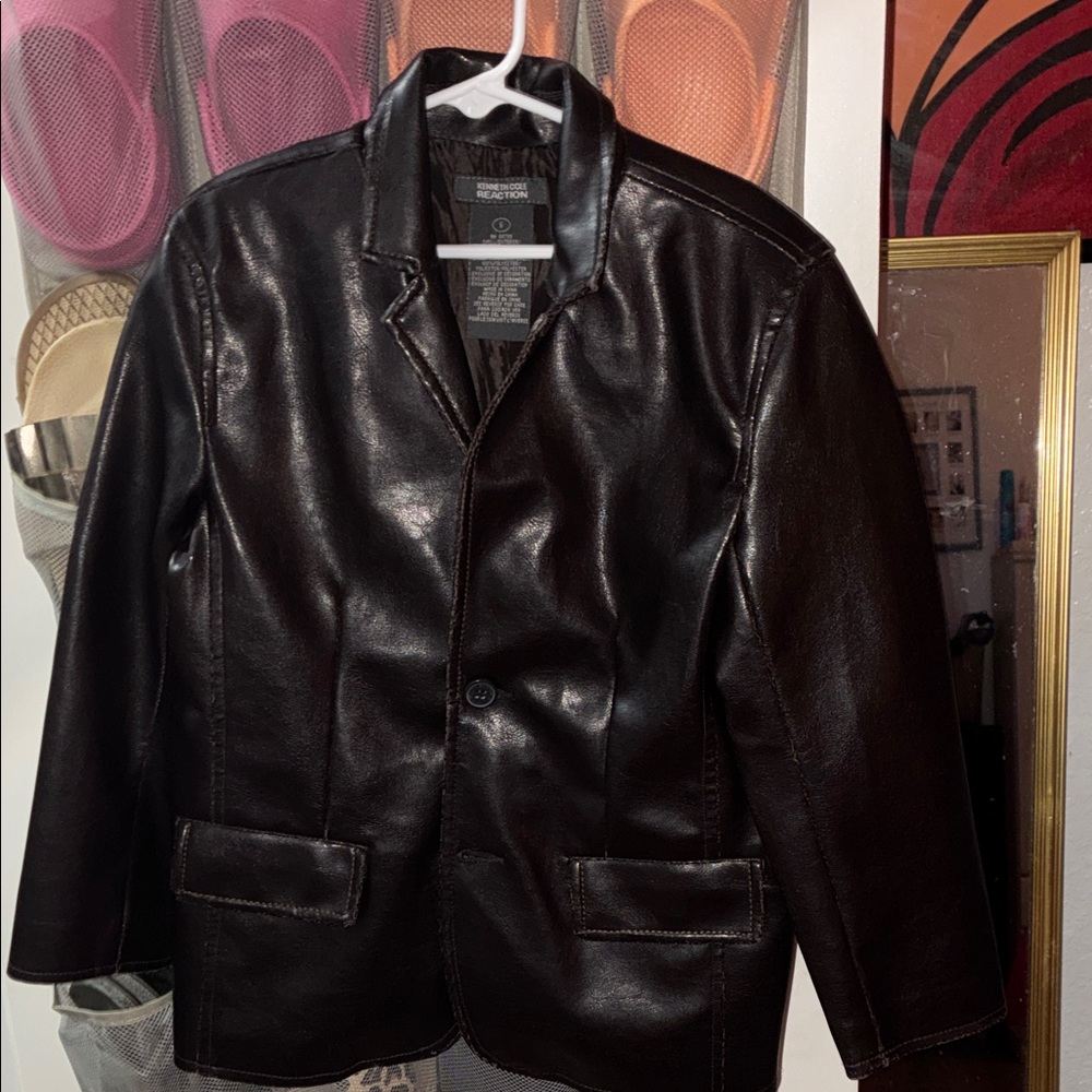 Kenneth Cole Reaction kids brown button down leather coat/jacket